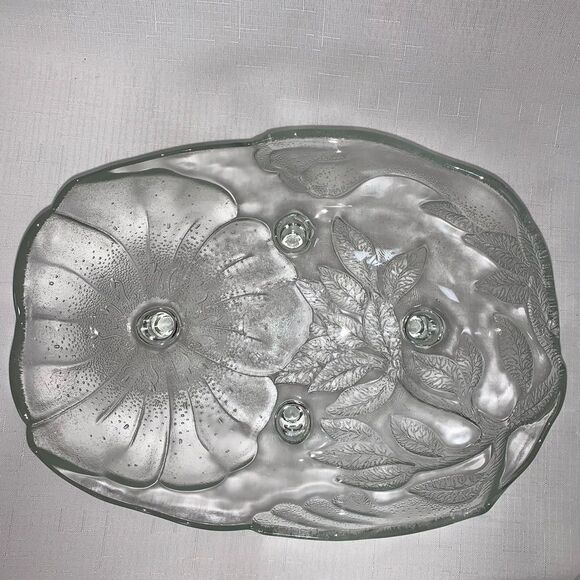 Vintage Glass Punch Bowl Clear Glass Fruit Footed Oblong Poppy Flowers Servwear - Picture 4 of 9
